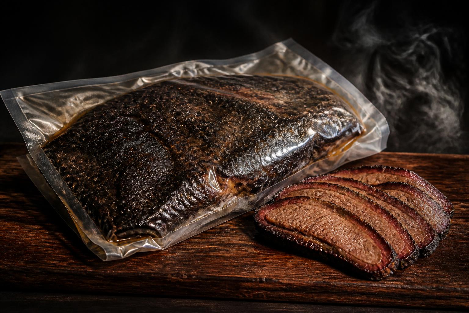 Brisket ahumado jugoso recién cortado con bark oscuro