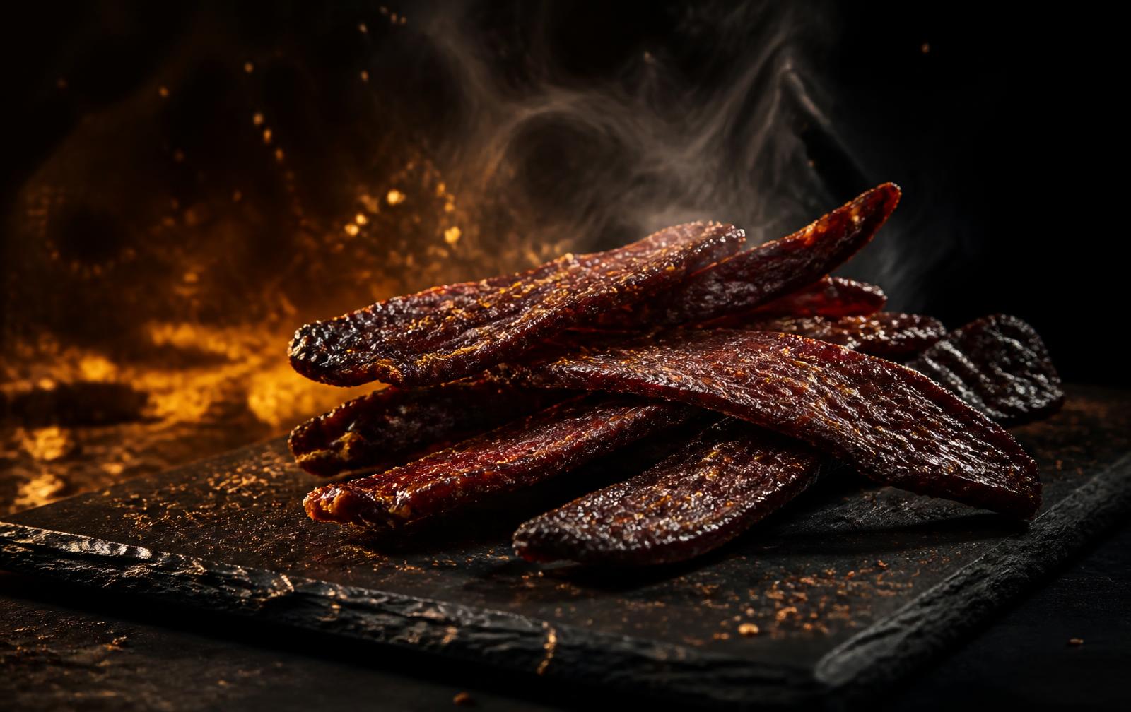 Tiras de carne seca ahumada sobre pizarra negra con brasas